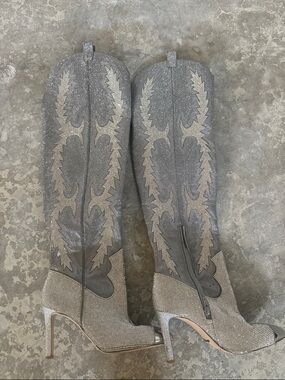 Gianni Bini Silver Gray Rhinestone Western Knee-High Stiletto Boots
